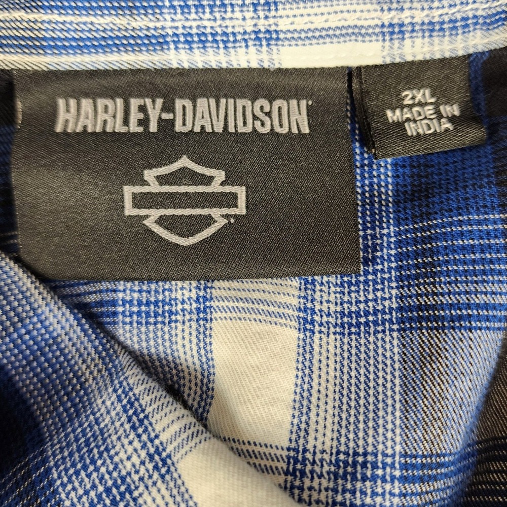Harley-Davidson Mens 2XL Blue Plaid Short Sleeve Button Down Shirt Back Graphic - Picture 7 of 9